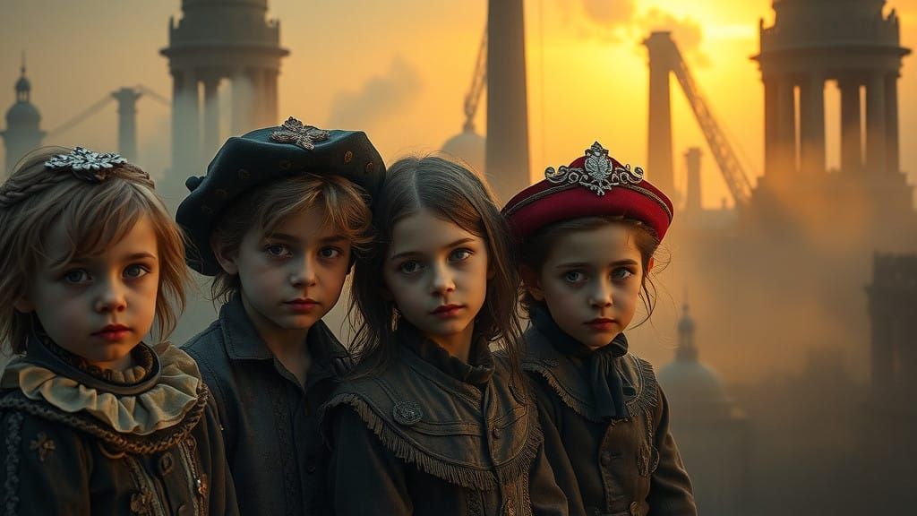 Youthful Faces Amidst Baroque Ruin in Warm Golden Hues
