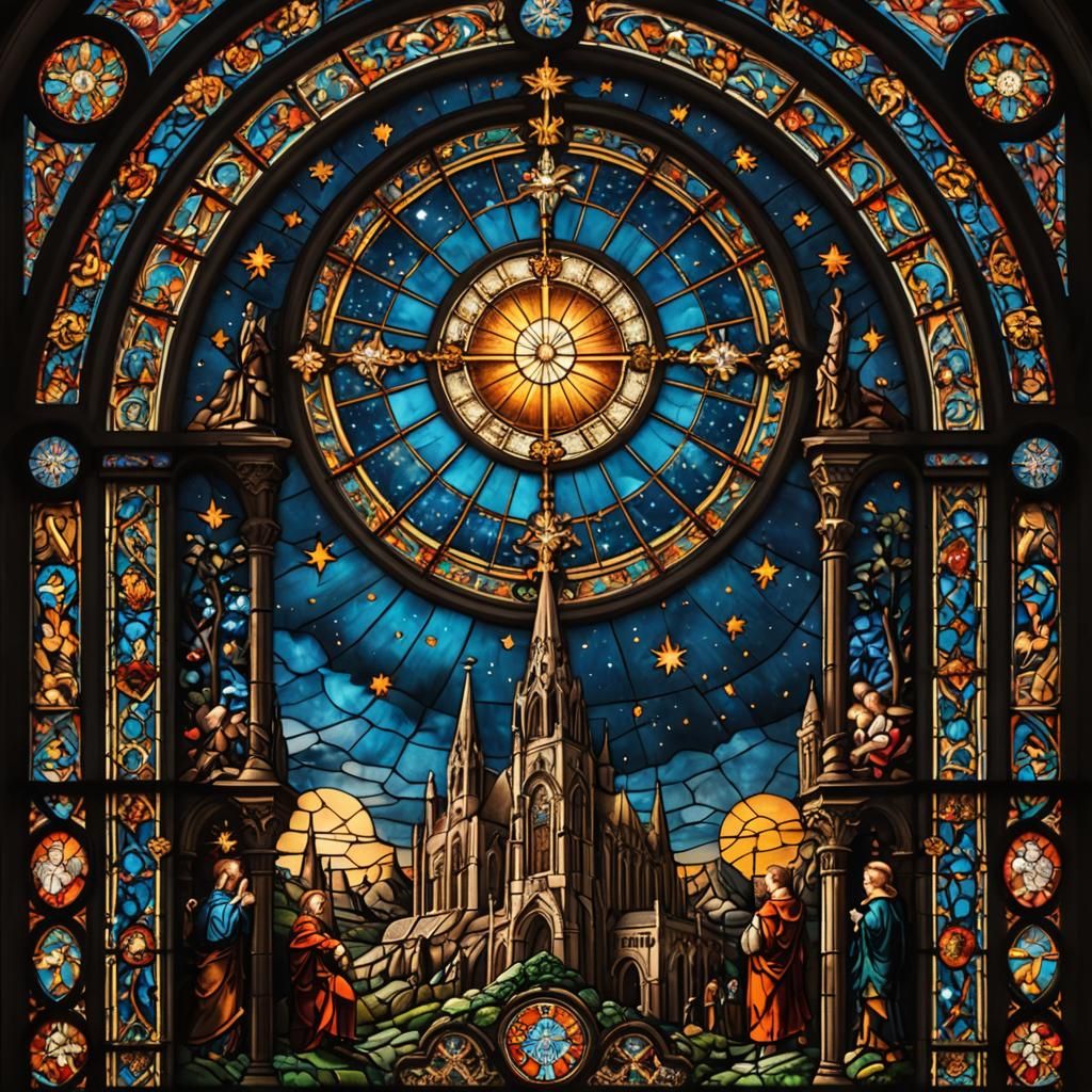 Ancient Church Stained Glass with Heavenly Theme