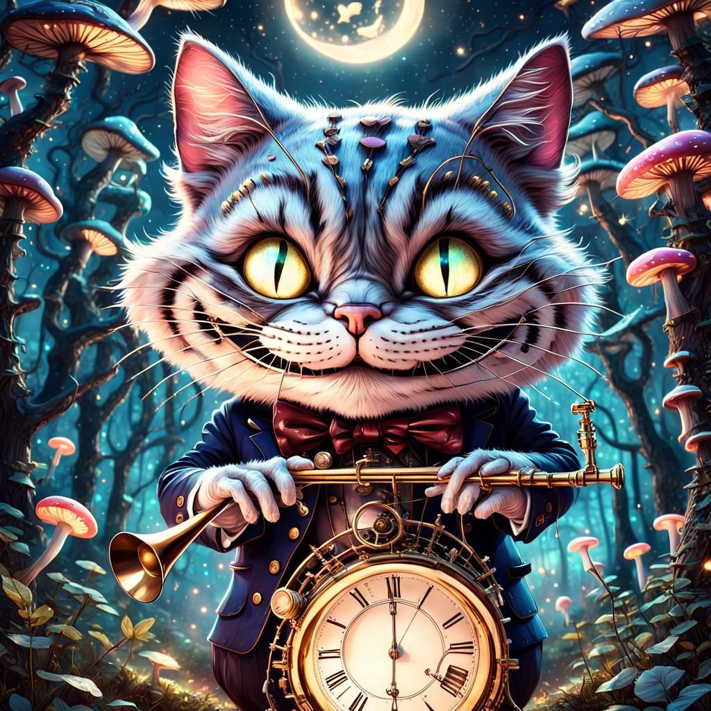 Steampunk Cheshire Cat Trombone Serenade in Enchanted Forest