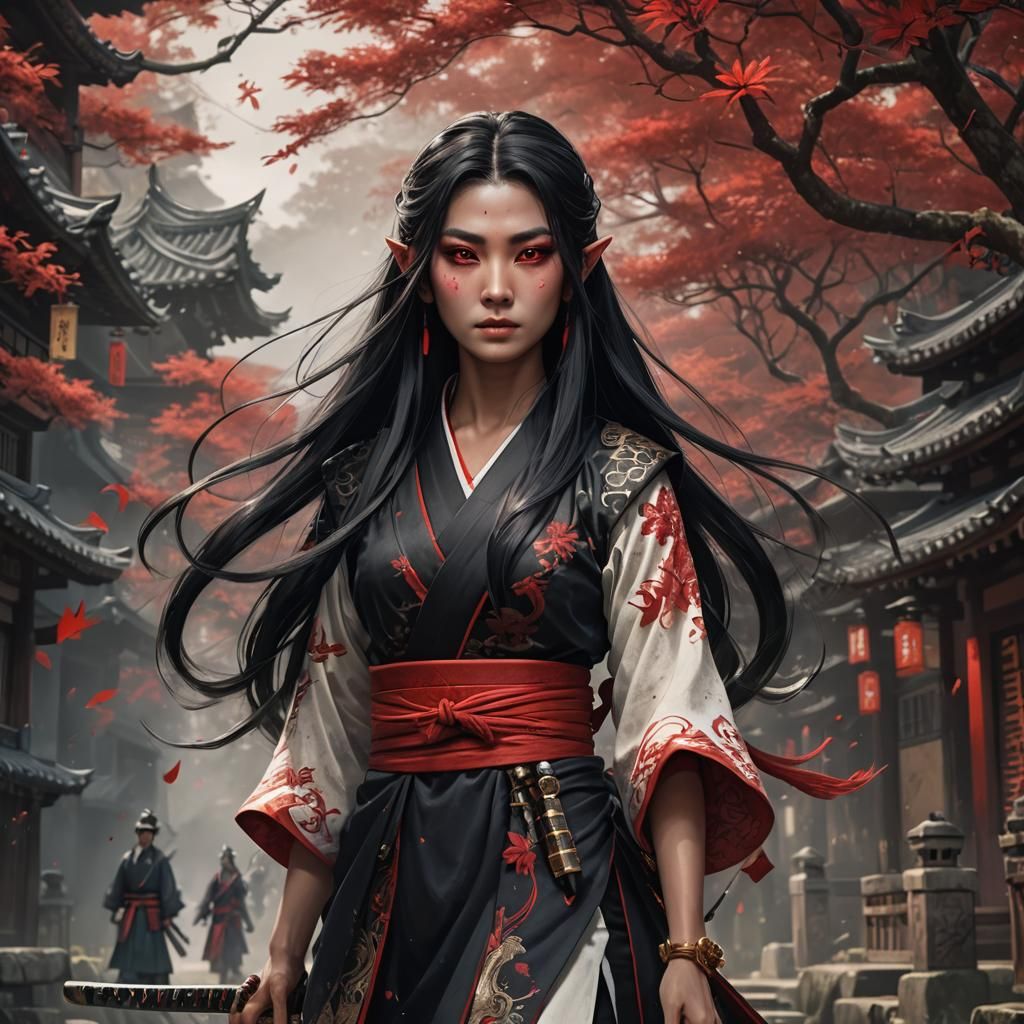 Exotic Elf Samurai Woman with Flowing Hair
