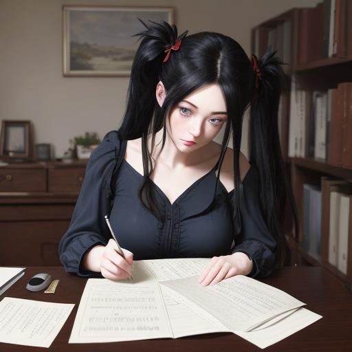 Young Woman Writing Poetry in Anime Style