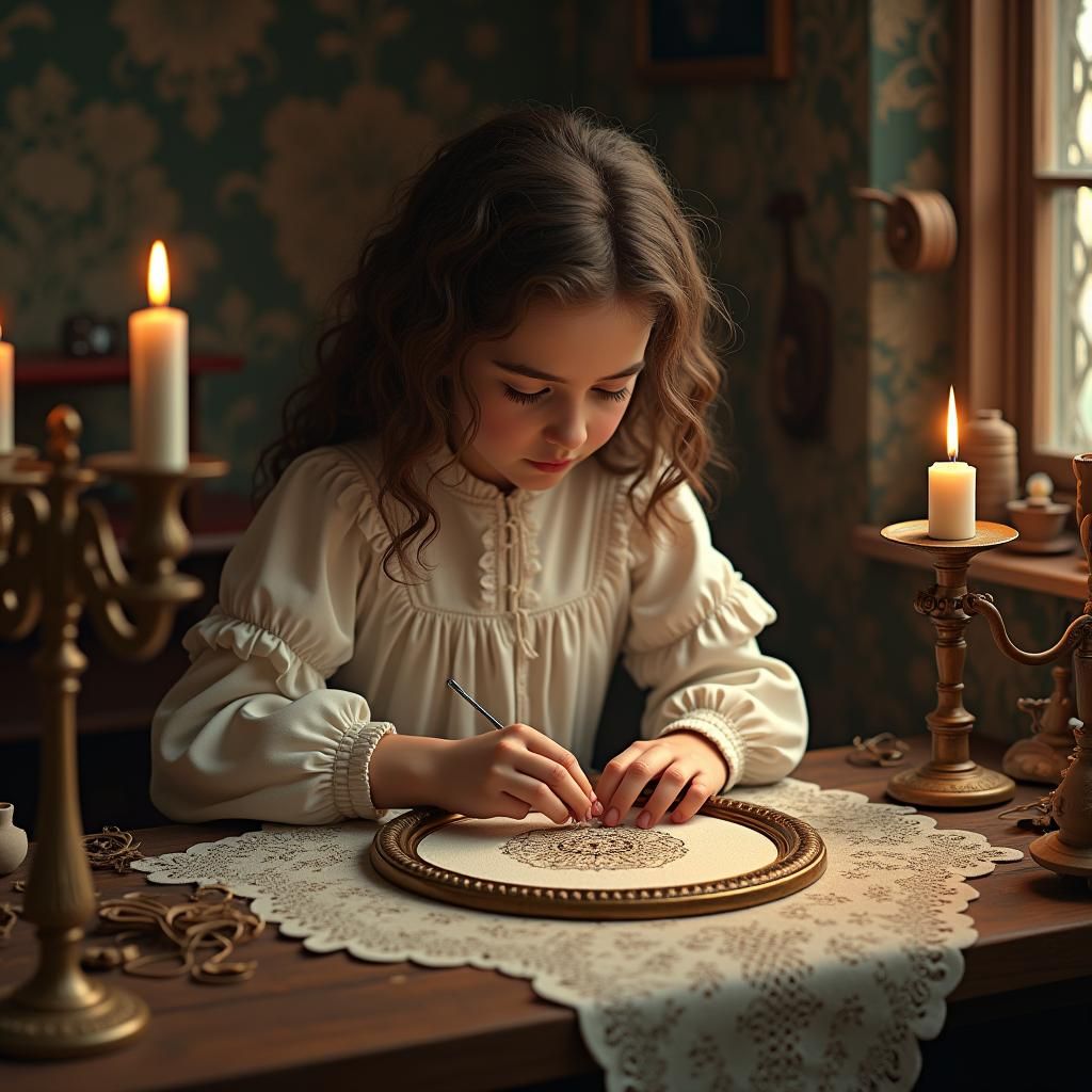Girl Hand-Stitching Logo in Art Nouveau Workshop