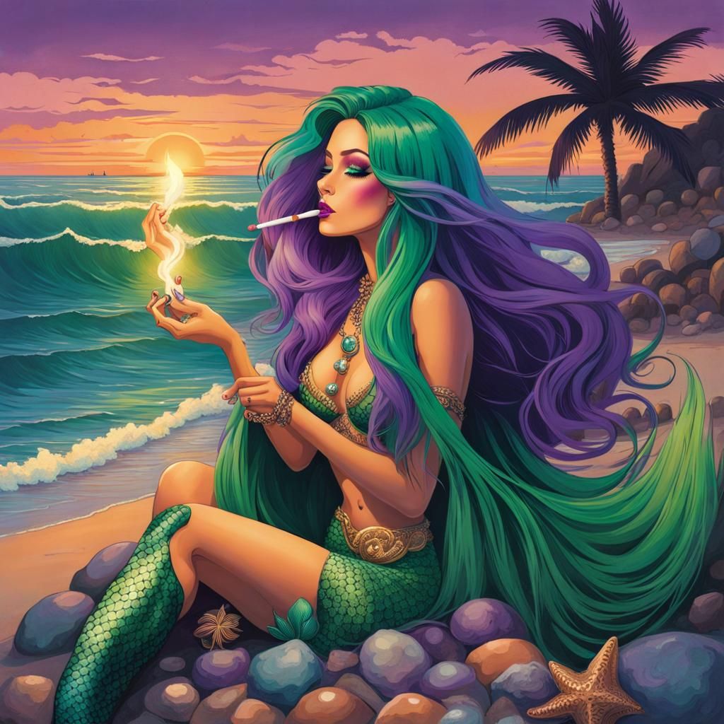 Mermaid Smoking Joint on Beach at Sunset