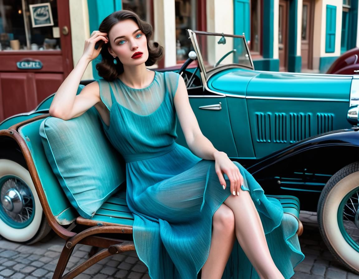 Brunette in Teal Dress in 1930s European Town