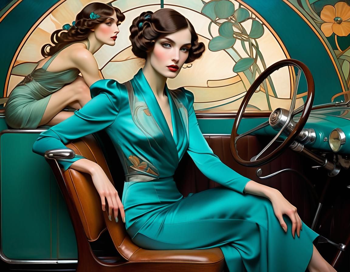 Elegant Woman with Vintage Car in Art Nouveau Style