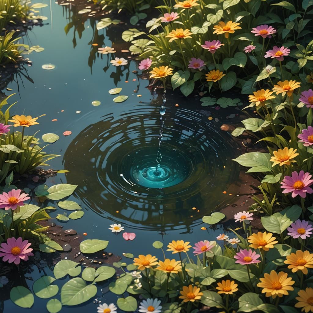 Water Drop Creates Ripples in Serene Puddle