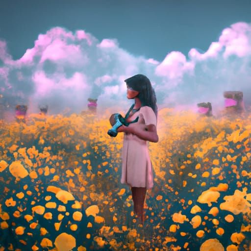Girl with Camera in Flower Meadow: Digital Painting