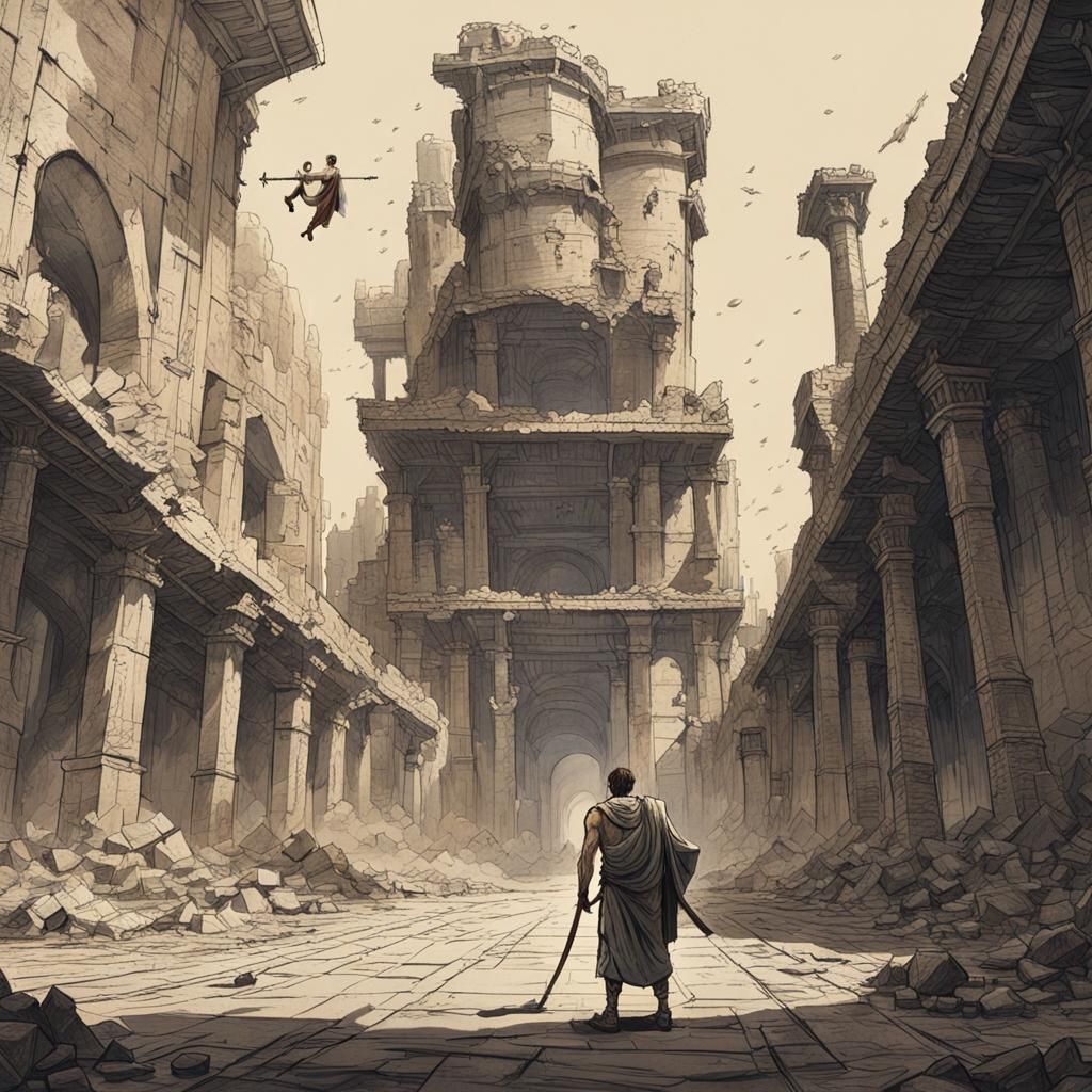 Medieval Man Versus Tank in Etching Style