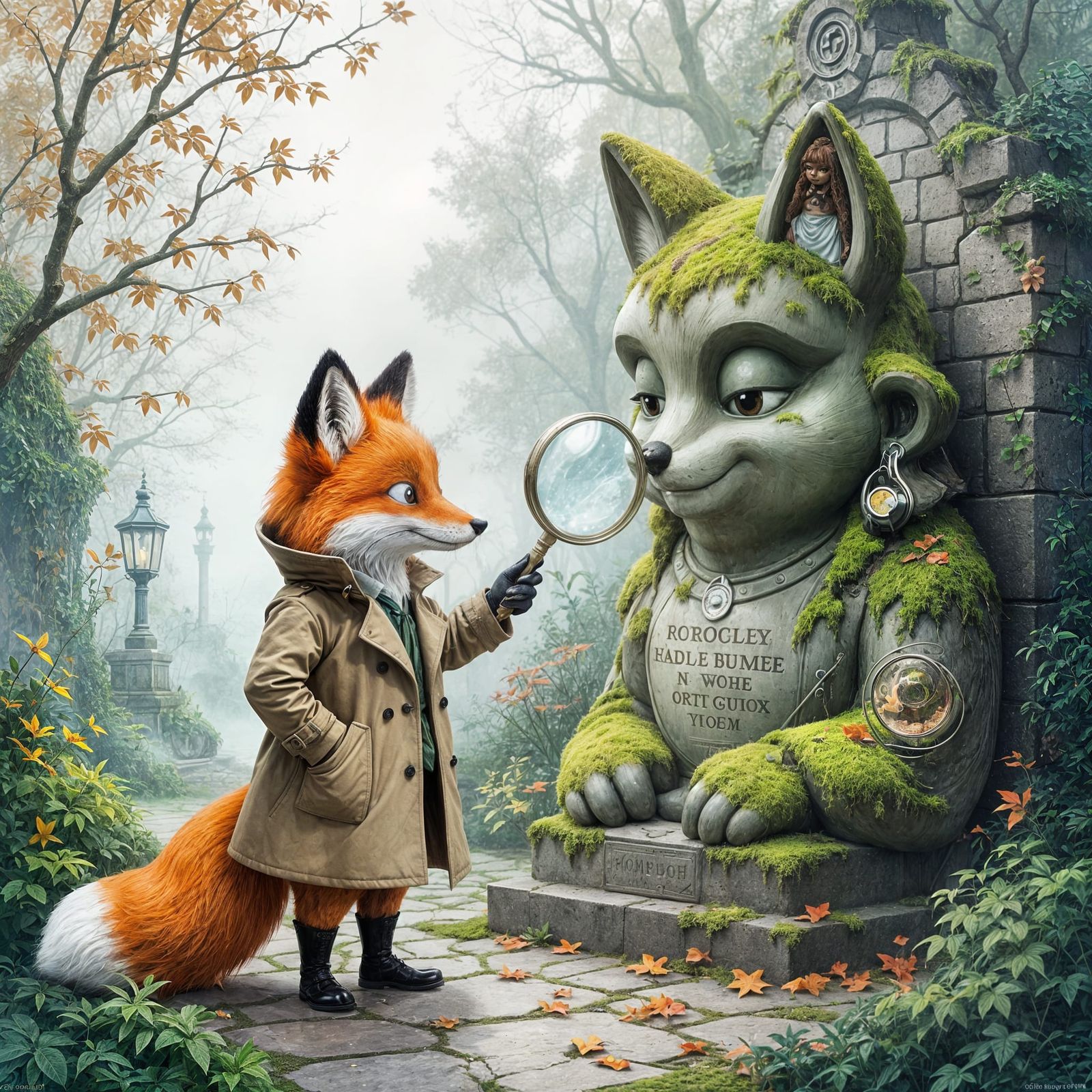 Fox Detective Investigates Mossy Statue in Foggy Garden