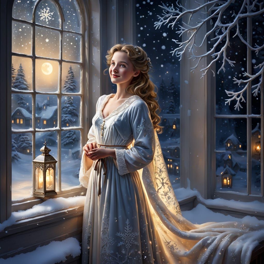 Woman in Victorian Nightgown Gazing at Snowy Moonlit Scene