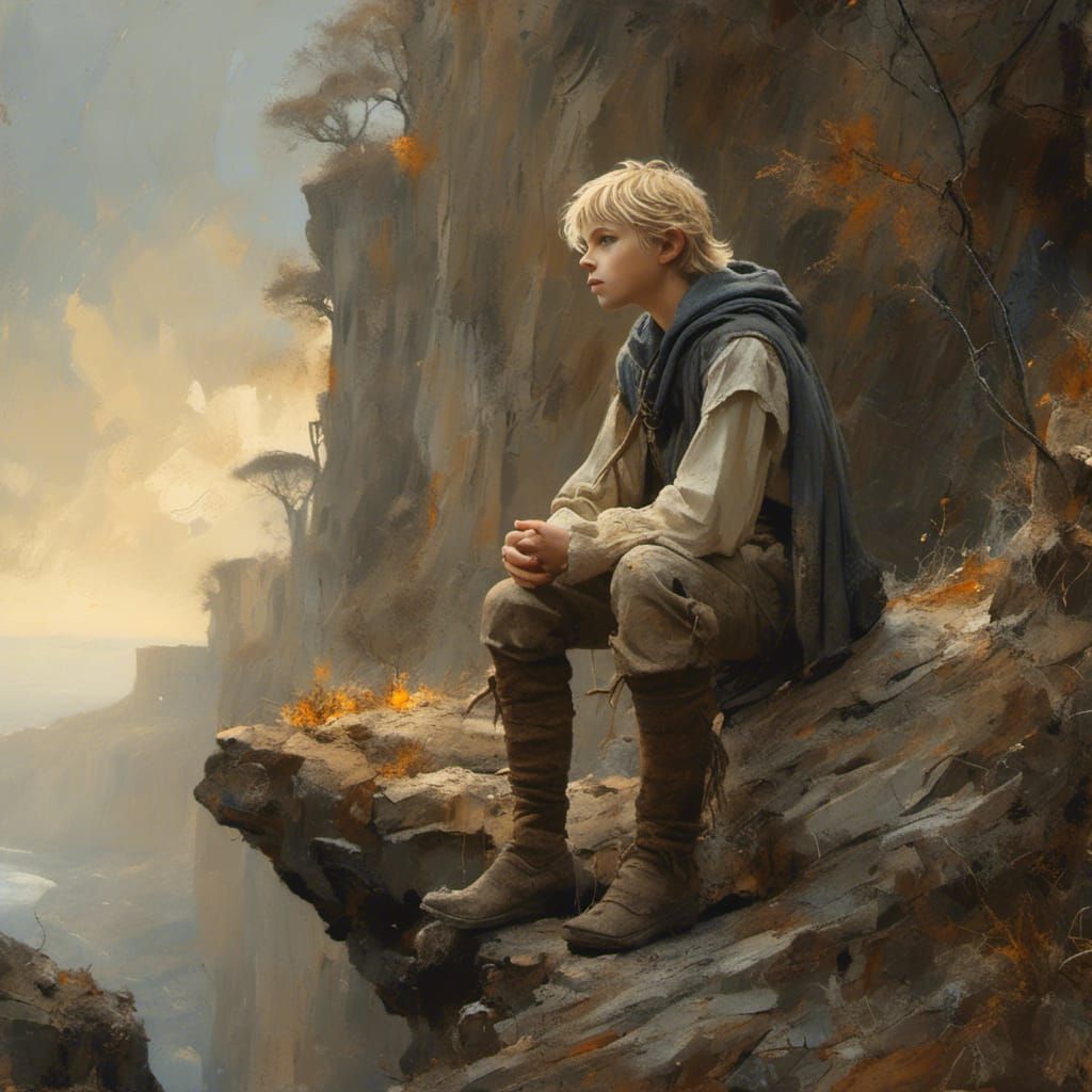 Teenage Elf Gazing at Ruins: Impressionist Matte Painting