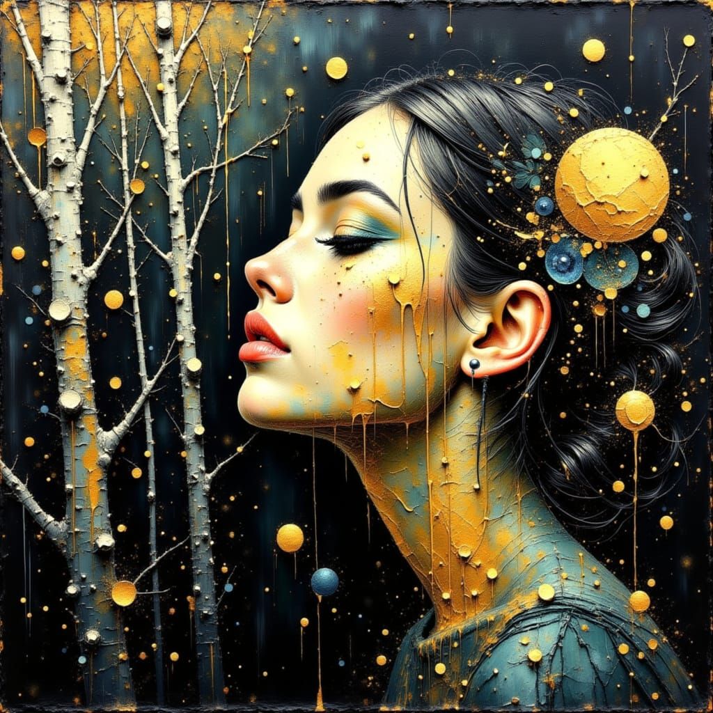 Luminous Woman in Gold and Teal, Oil and Grunge