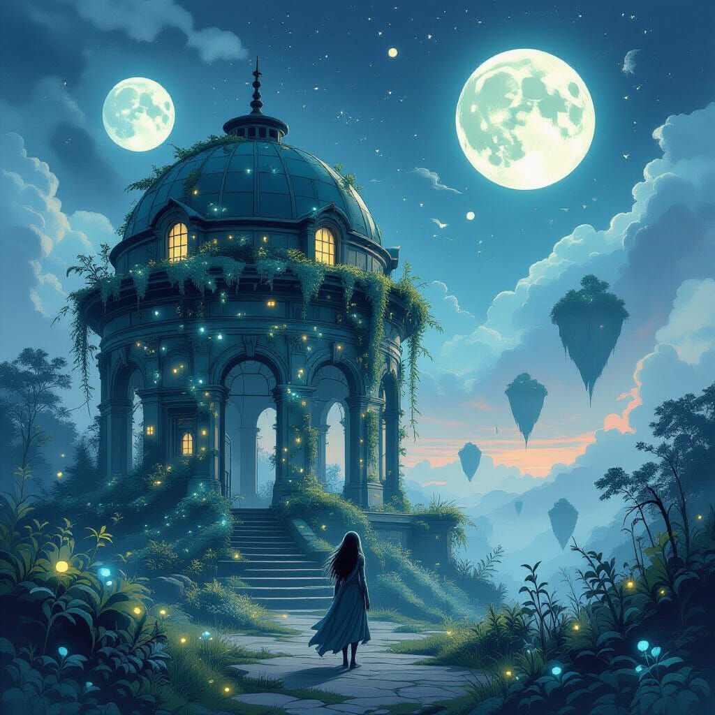 Victorian Observatory with Twin Moons & Floating Islands