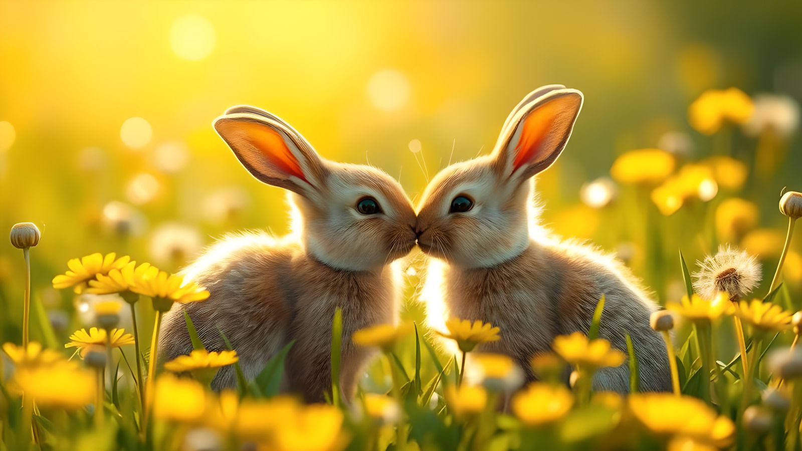 Rabbits Kissing in Dandelion Field, Hyperreal Detail