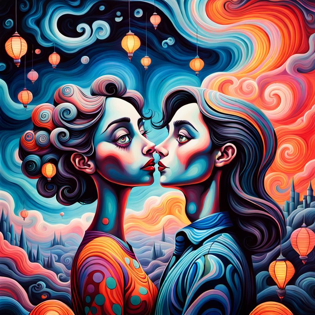 Lovers Embrace in Surreal Dreamscape, Comic Art Style