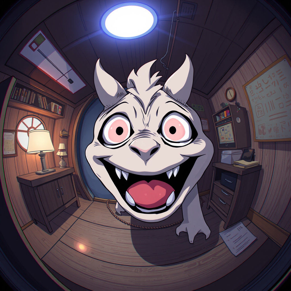 Liminal Escape Room with Smiling Creature in Anime Style