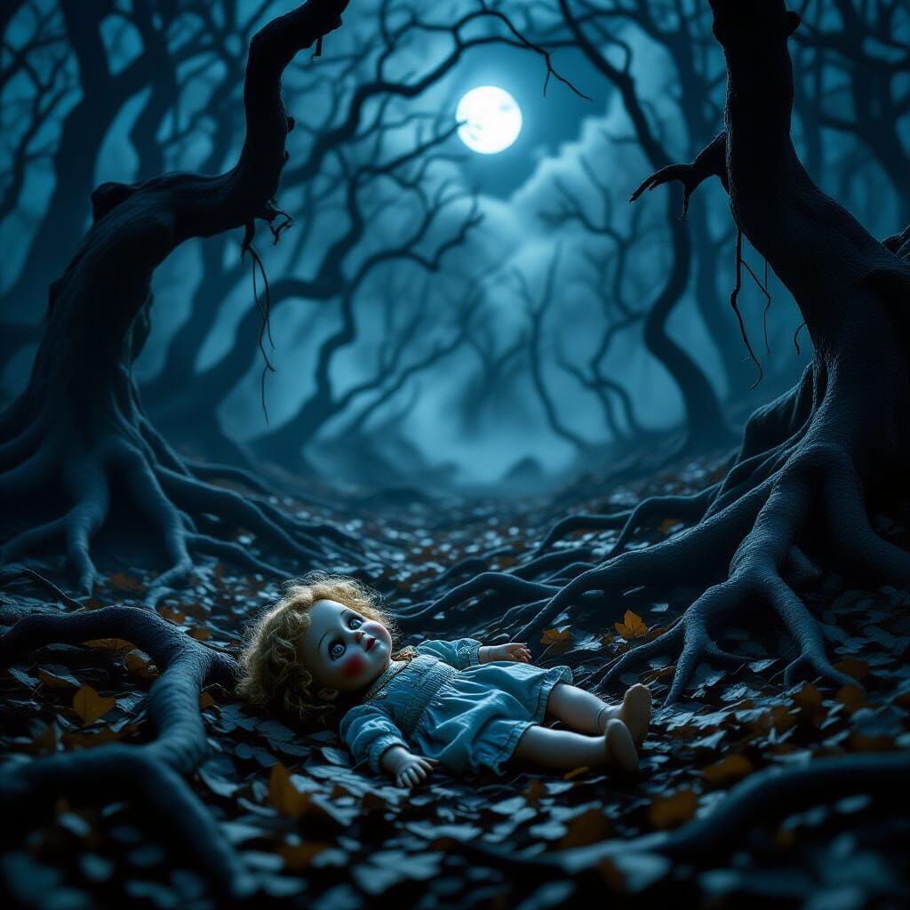 Eerie Forest Clearing with Broken Doll and Moonlight