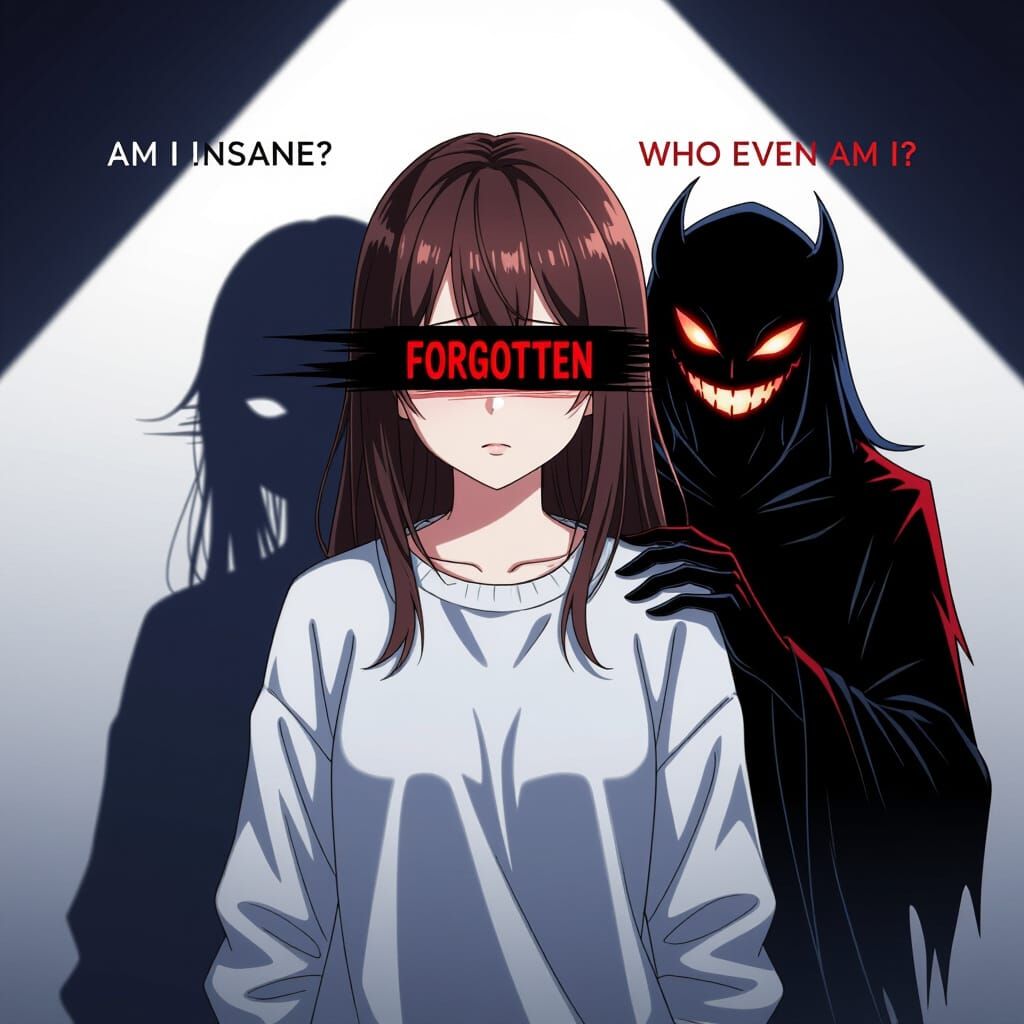 Anime Girl With Blacked Out Eyes And Shadow Figure