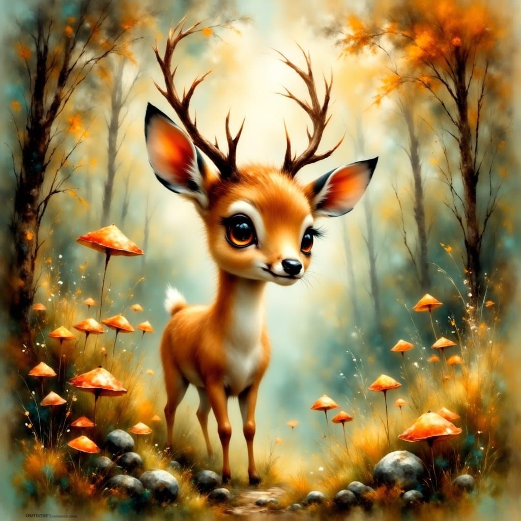 Whimsical Deer in Impressionist Forest Landscape
