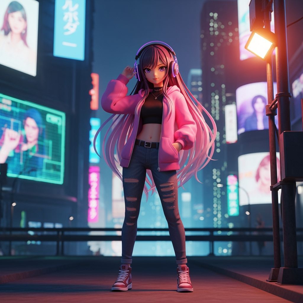 Stylish Anime Girl with Pink Hoodie in Urban Setting