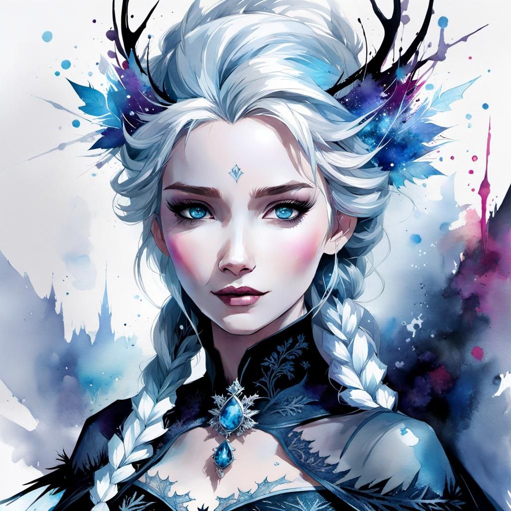Gothic Elsa Watercolor Manga Portrait