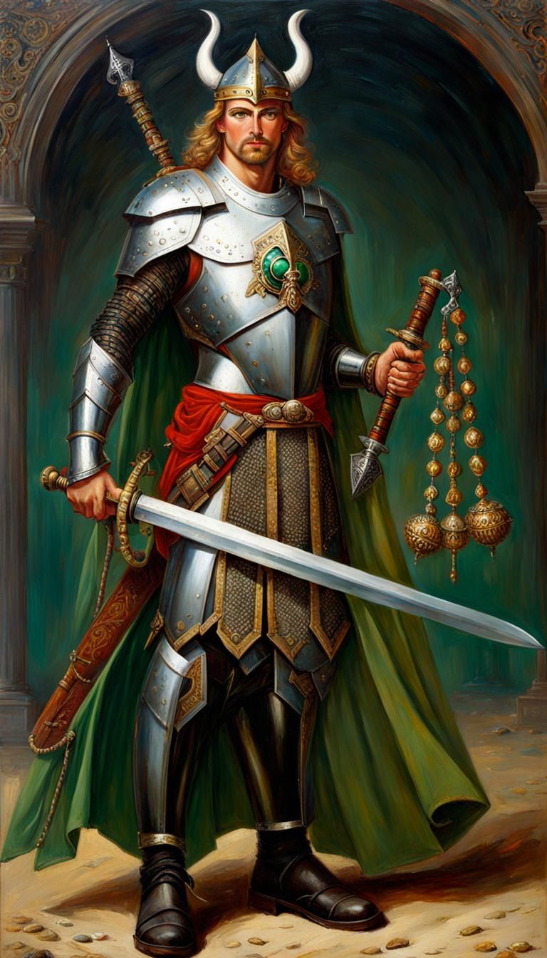 Armored Warrior with Sword and Flail as Oil Painting