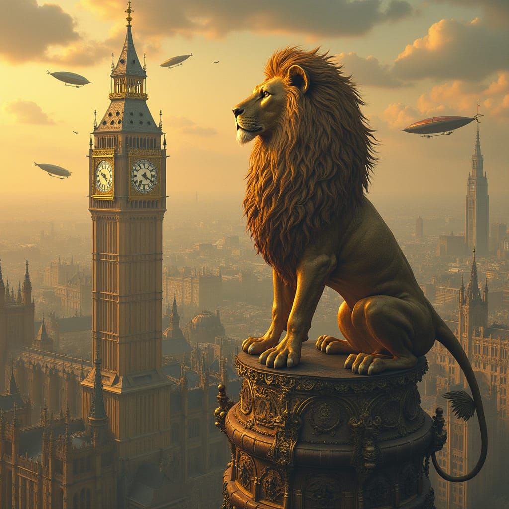 Mechanical Lion Over Victorian City, Art Nouveau Style