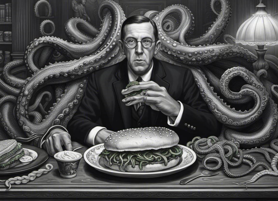 Howard Lovecraft, eating a Cthulhu sandwich with tentacles