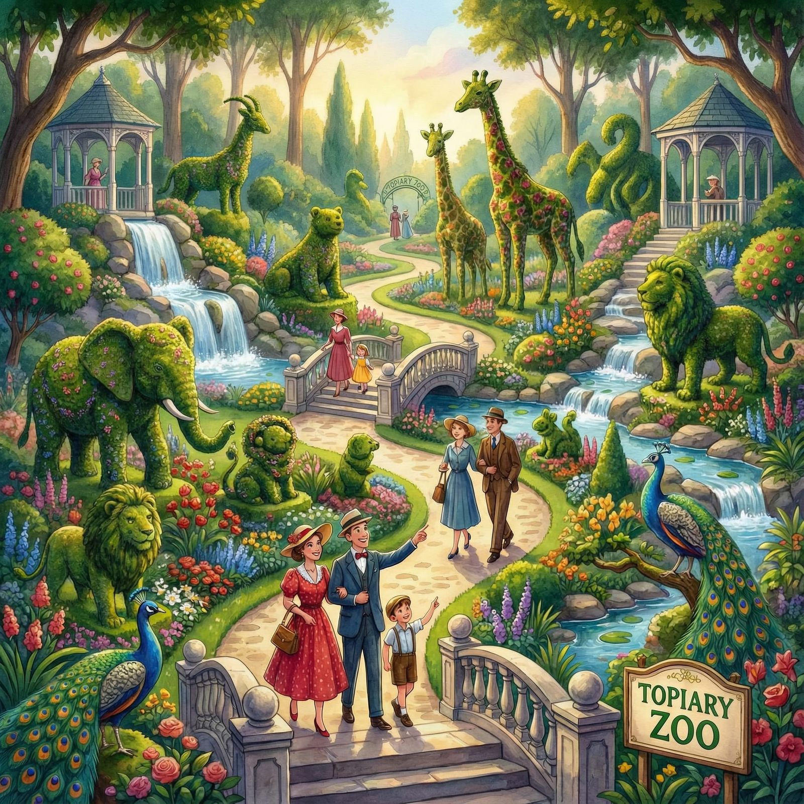Topiary Zoo With Waterfalls and Visitors