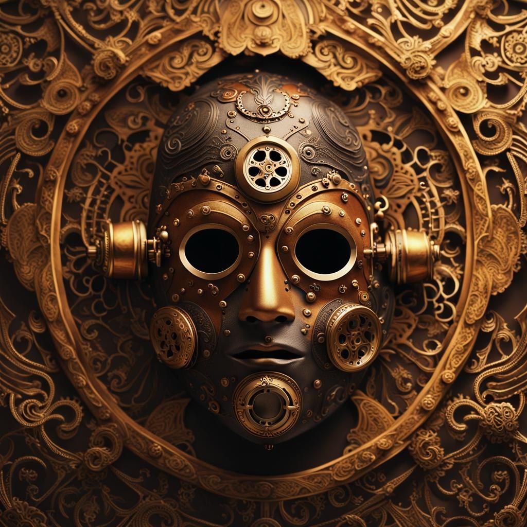 Steampunk Java Mask Close-Up: Cinematic Film Still