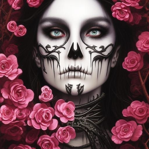 Punk Rock Skull Mask Portrait with Cherry Blossoms