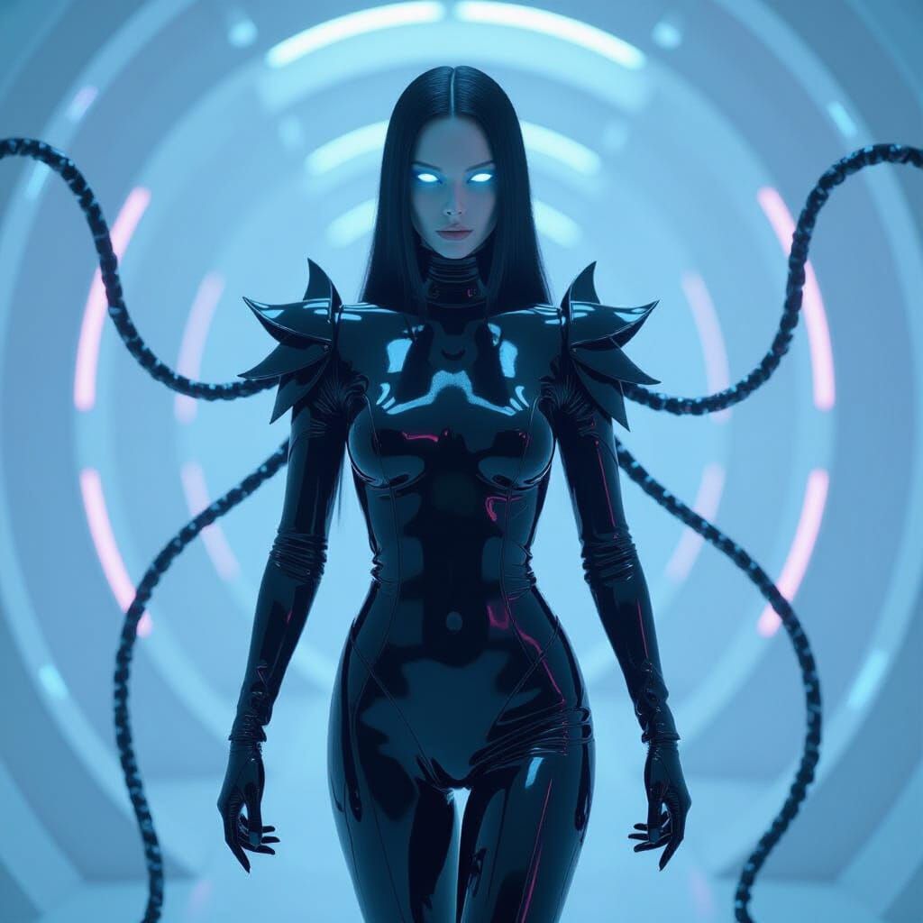 Androgynous Figure in Latex Suite with Bioluminescent Tendri...