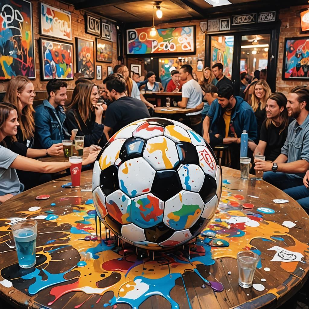 Soccer Ball Street Art in Lively Pub Scene