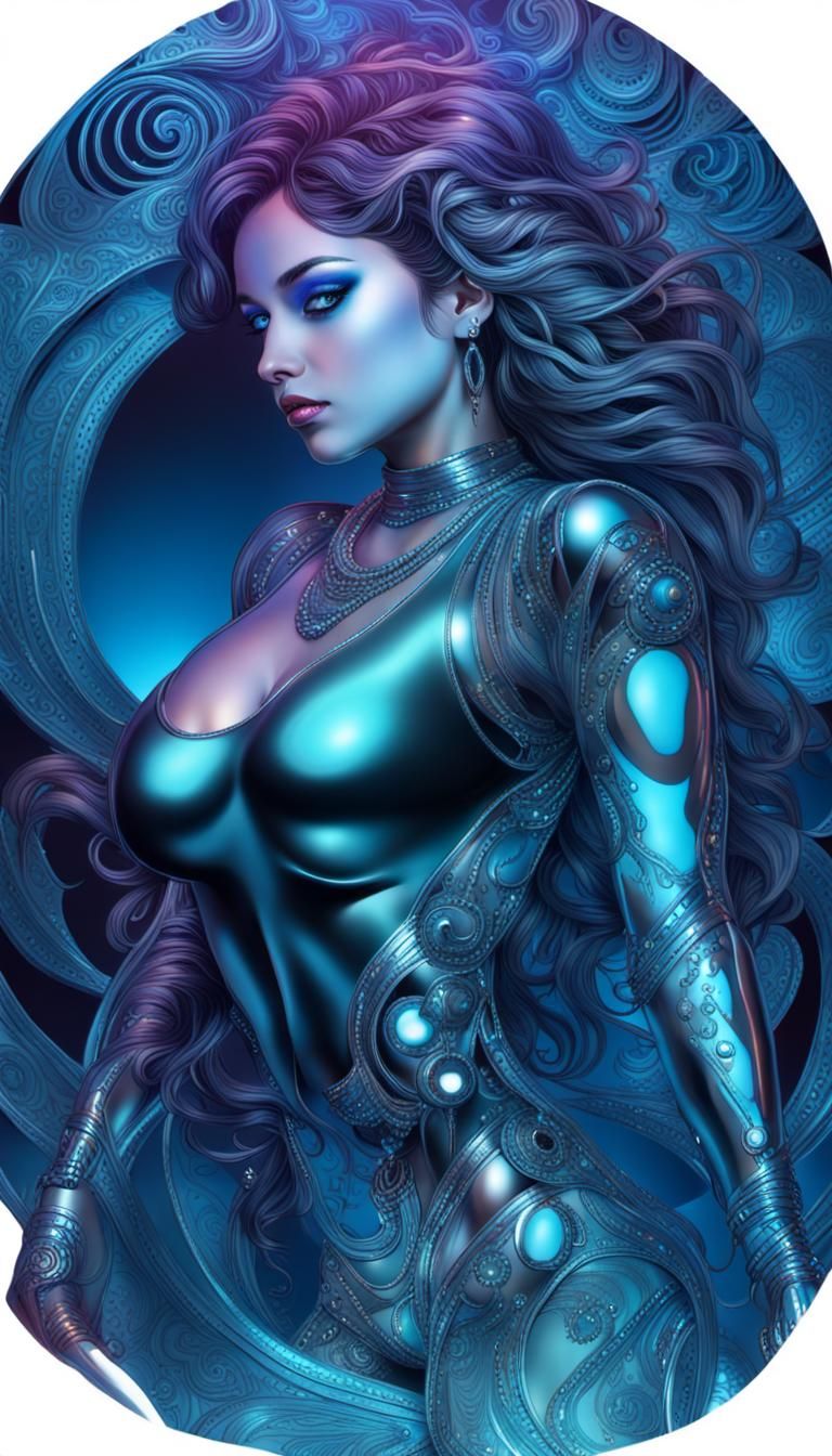 Chrome Woman in Neon Blue Cyberpunk Cityscape