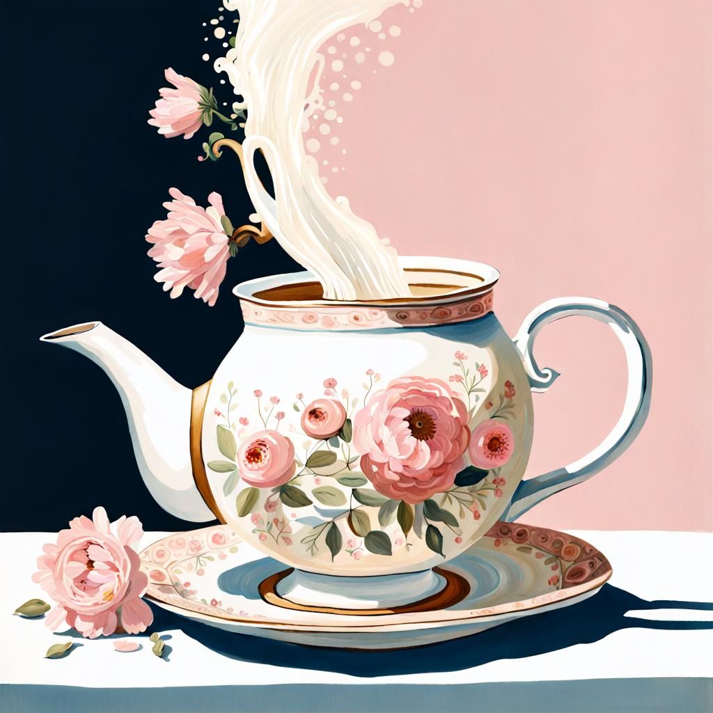 Gouache Sky Pouring Water into Teapot