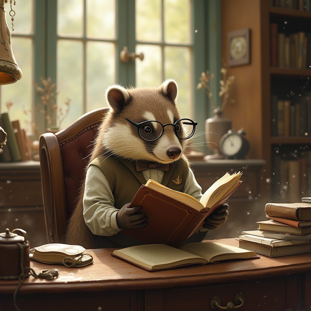 Badger Scholar Reading in Cozy Study, Painterly Style