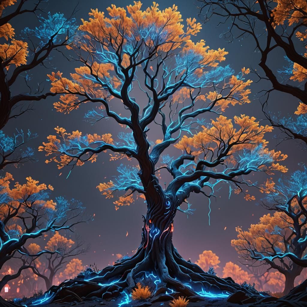 Blue Neon Fire Tree: Digital Fantasy Art