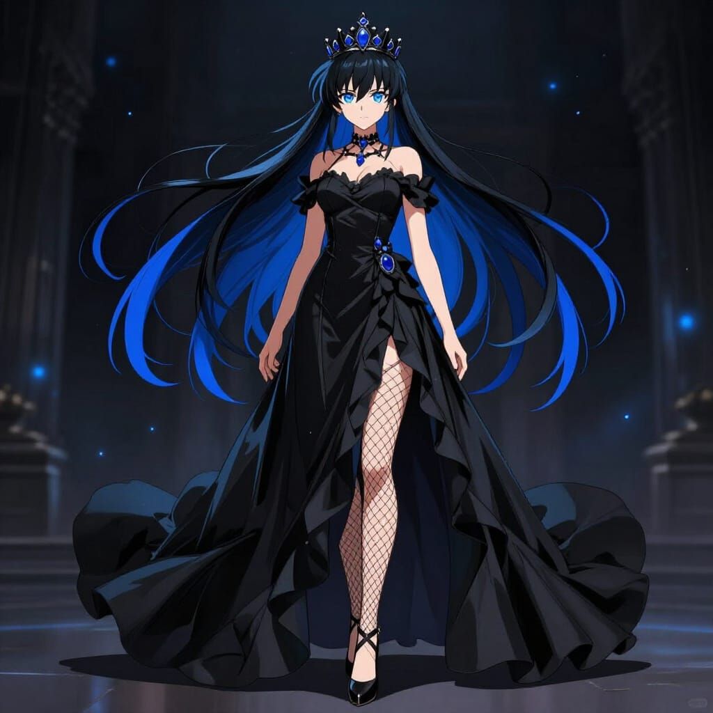 Anime Queen with Blue Jewels in Flowing Gown