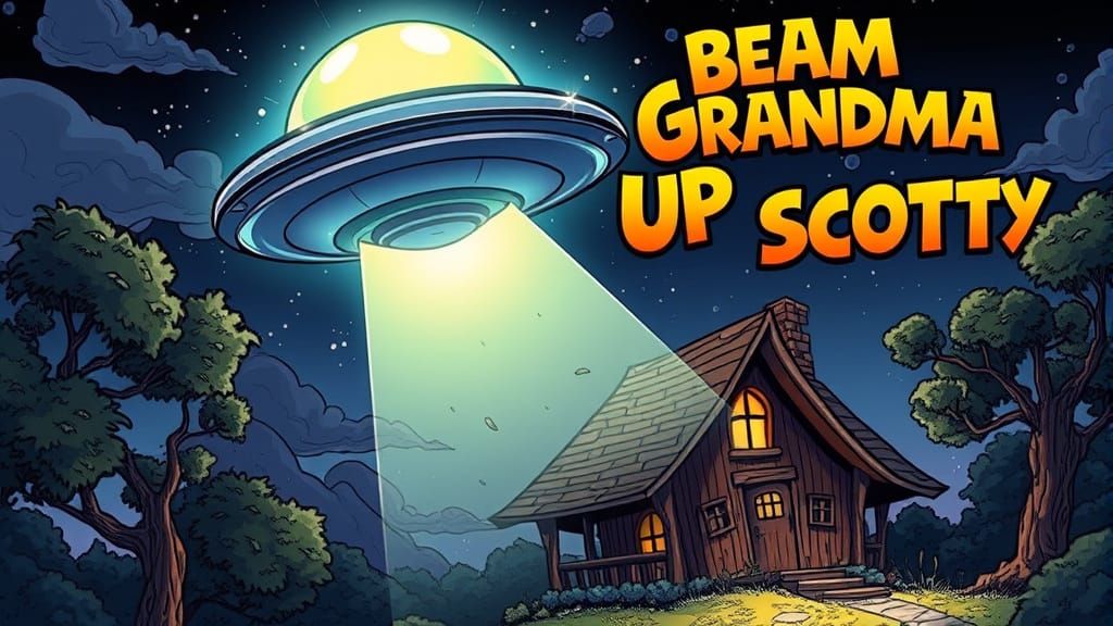 UFO Beaming Up Grandma: Cartoon Comic Style