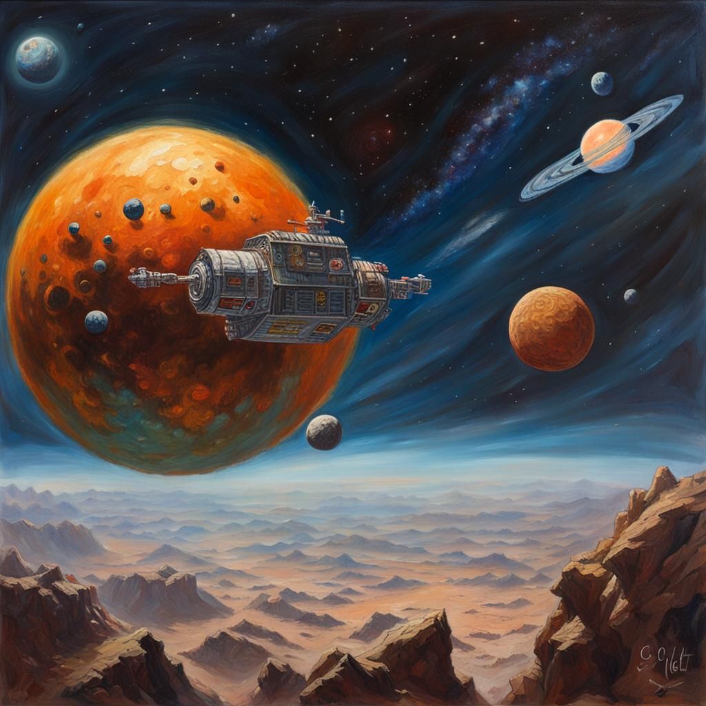 Space Dwarf Floating Above Gas Giant as Oil Painting