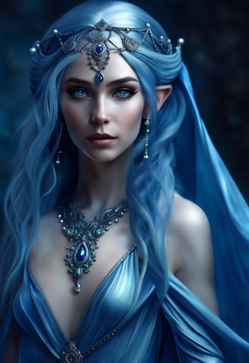 Elegant Blue-Skinned Elf Woman in Silk Gown