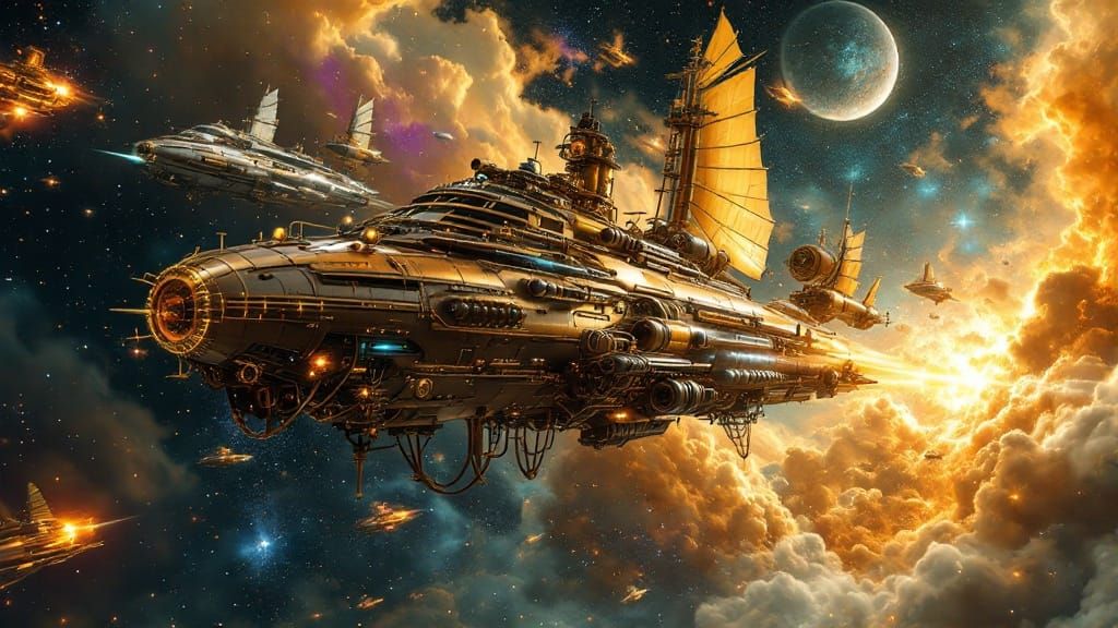 Majestic Steampunk Star Cruisers Sail Cosmic Skies