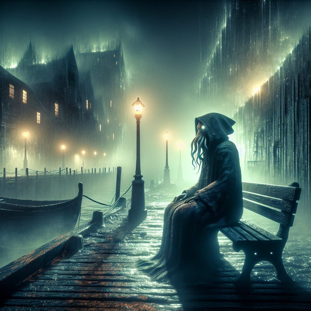 Lovecraftian Woman on a Foggy Quay