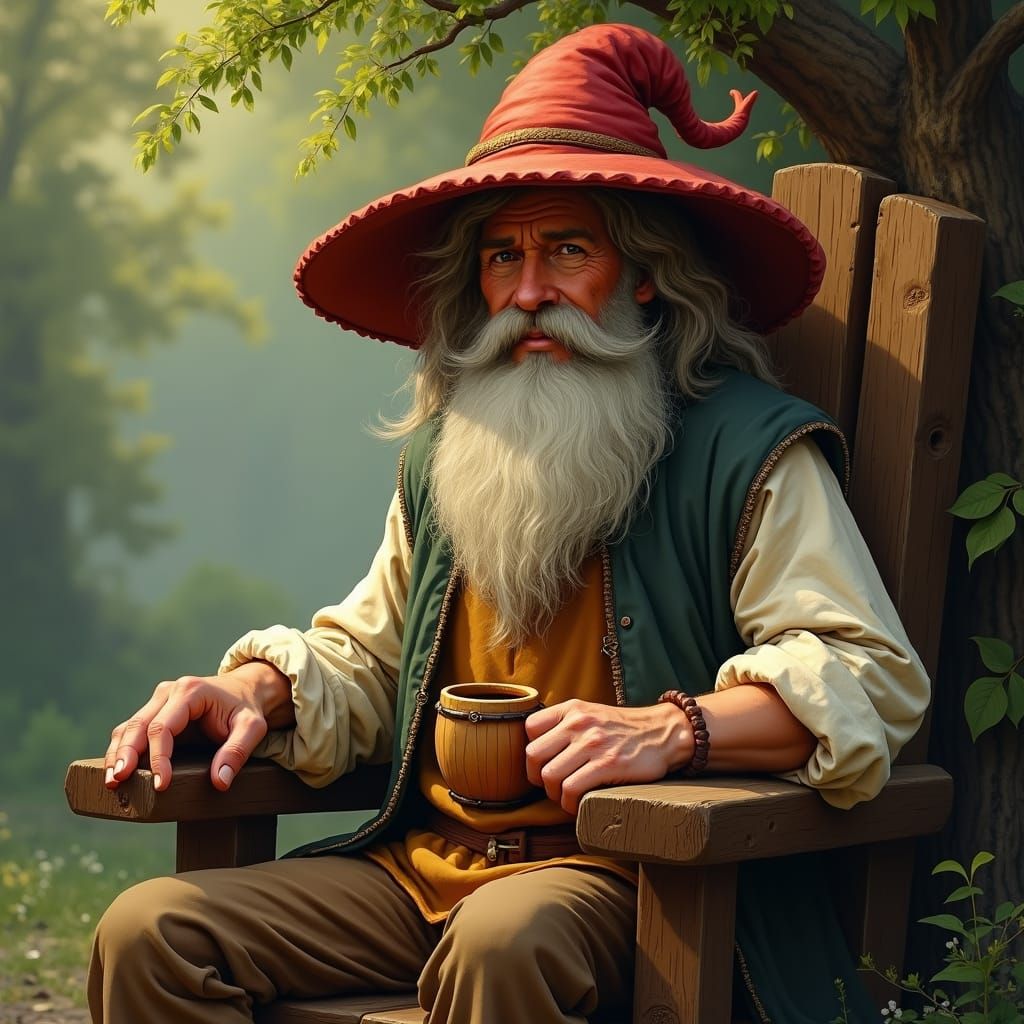 Hobbit King with Pipe in Carved Wooden Chair