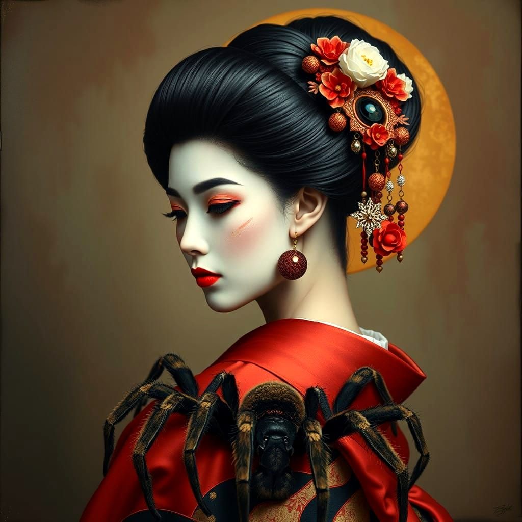 Elegant Geisha Portrait in Vibrant Yin-Yang Oils