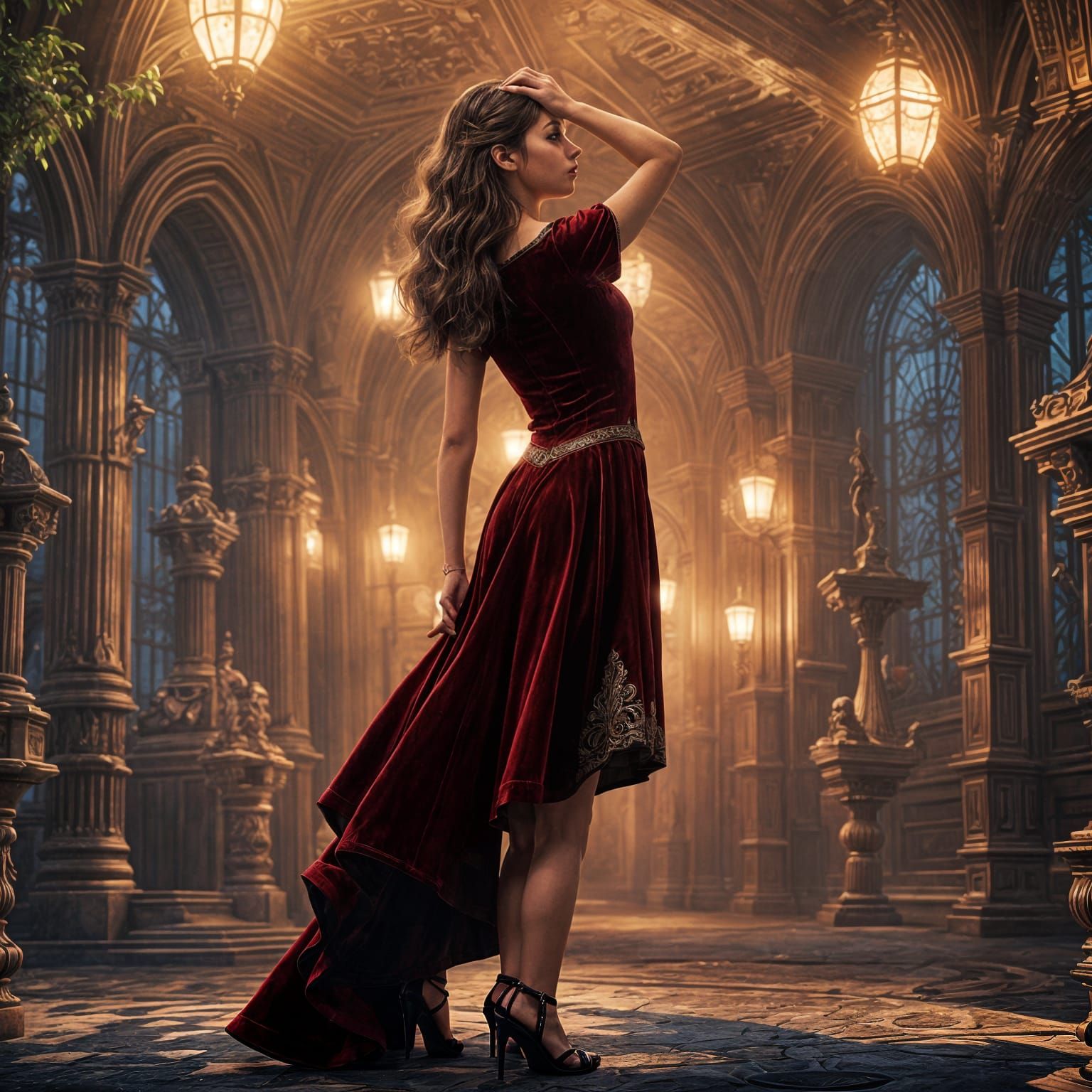 Girl in Red Velvet Fantasy Dress, Intricate Matte Painting