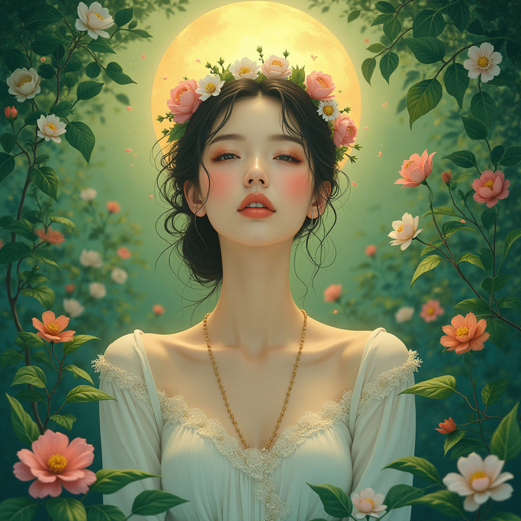 Enlightened Woman Radiating Tranquility in Dreamy Pop Art