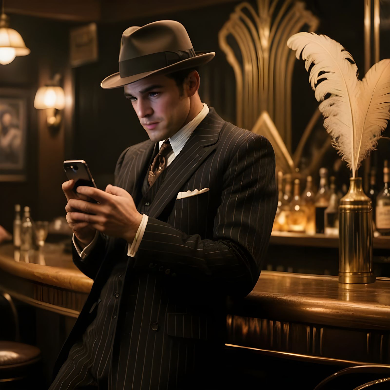 1920s Bootlegger Checks iPhone in Art Deco Speakeasy