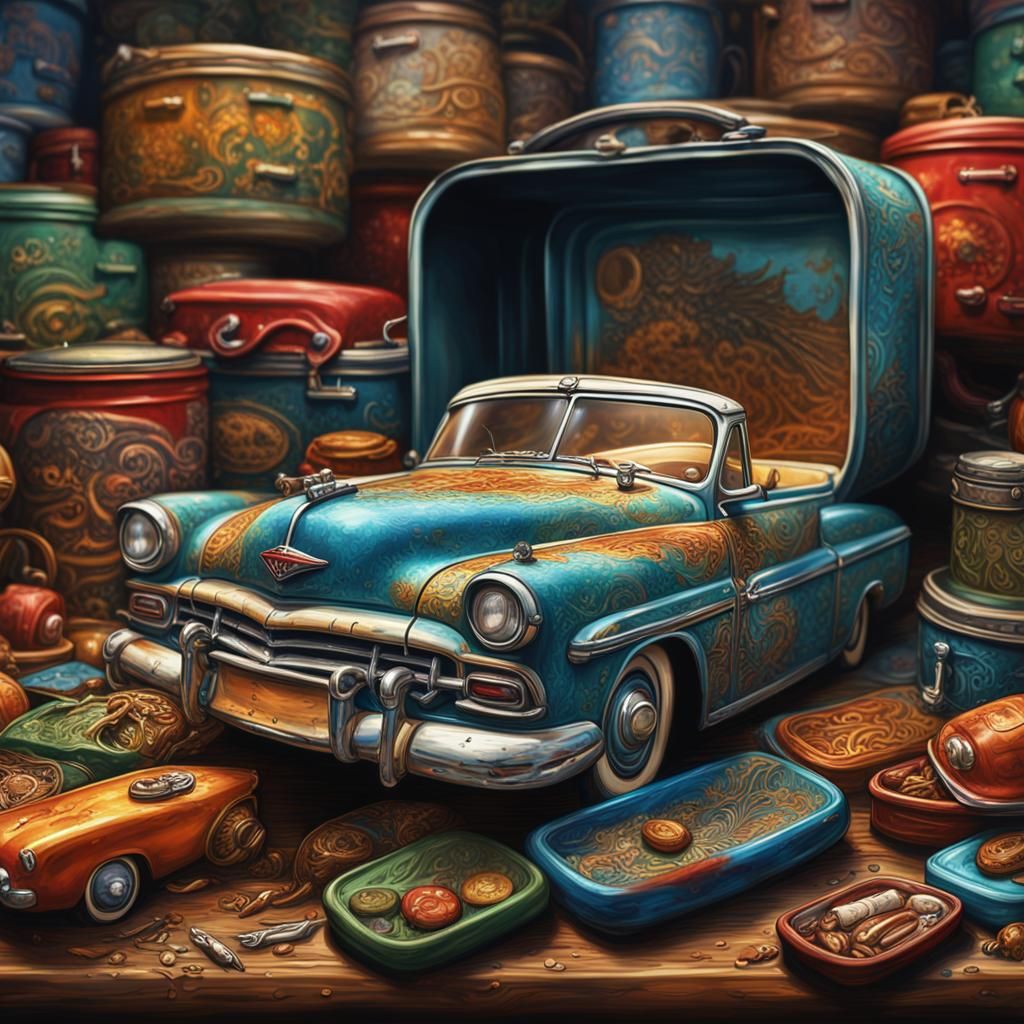 Hyperrealistic Car Lot Inside Antique Lunchbox