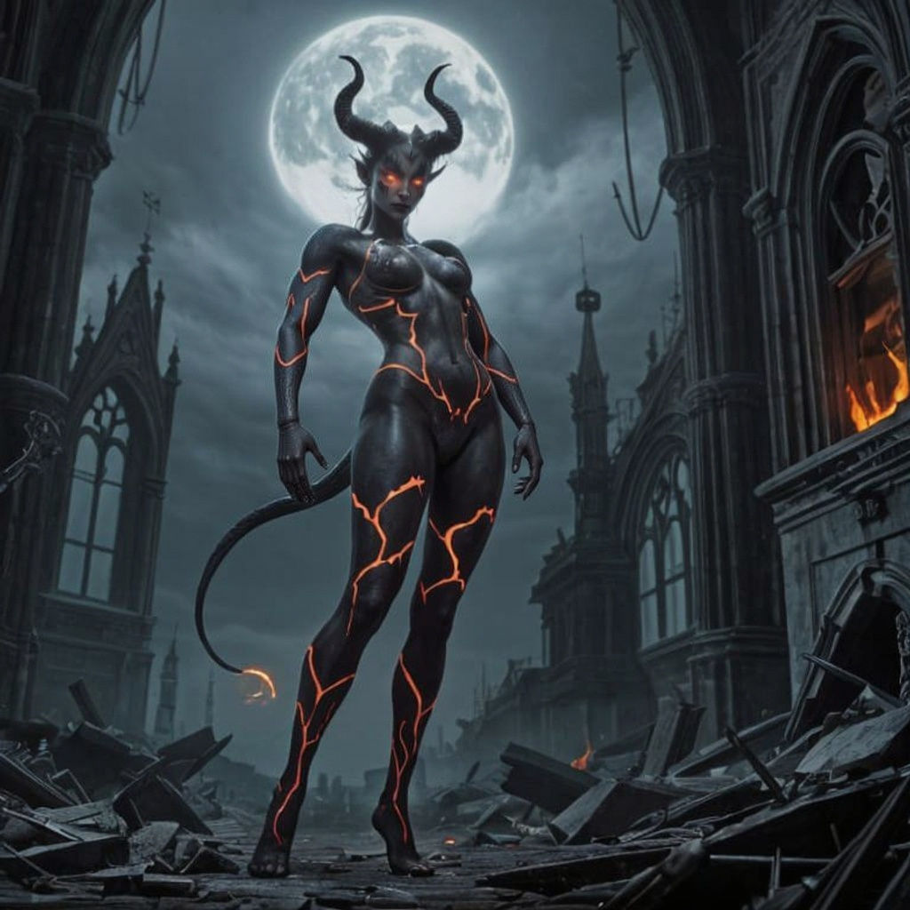 Demonic Figure with Fiery Eyes and Scales Under Full Moon